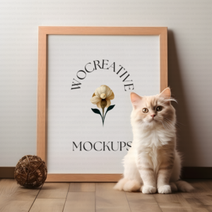 Cat-Themed Mockup with Elegant Cat and Wooden Frame