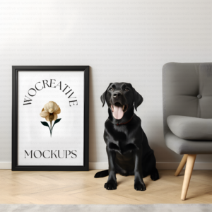Black Labrador Mockup with Modern Frame in Minimalist Interior