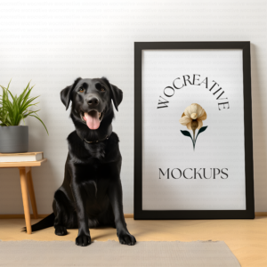 Black Dog with Blank Frame Mockup in Modern Home Interior