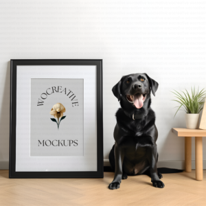 Cheerful Black Dog Beside Blank Frame Mockup in a Sleek Interior