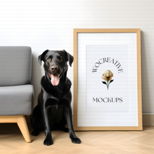 Black Dog with Blank Frame Mockup in Modern Home Interior