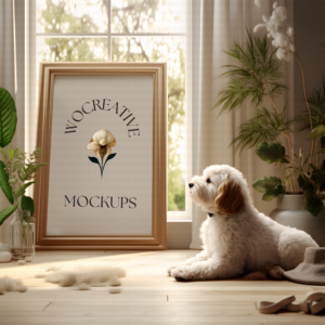 Botanical-Themed Art Frame Mockup Featuring a Pensive Dog by the Window