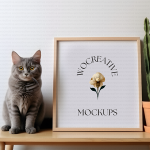 Art Frame Mockup with Striking Gray Cat and Modern Potted Plant